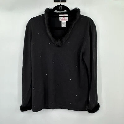 Quaker Factory Womens Sweater Small Black Faux Fur Trim Beaded Preppy Knit New - Image 1 of 4