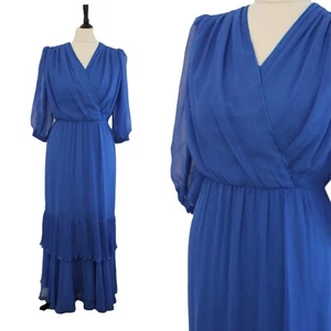 Vintage 1970s Maxi Dress Royal Blue Chiffon Occasions Layered Evening Gown 12 - Picture 1 of 6