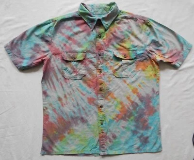 Tie Dye Blue Rainbow Striped Short Sleeve Button Up Shirt - Large Mens Hand Made - Image 1 of 4