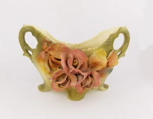 Antique 1910s Art Nouveau ROYAL DUX Porcelain Jardiniere Vase w Flowers Austria - Picture 1 of 12