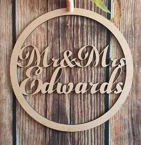 Personalised Wedding Wooden Script Name Hoop Circle Sign Wall Plaque Decor - Picture 1 of 5