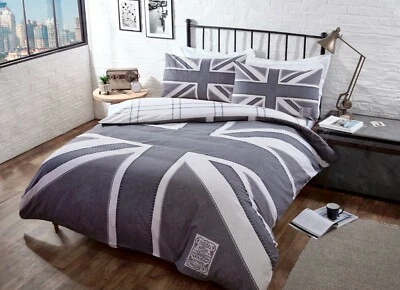 Union Jack Duvet Cover Grey Denim Reversible Printed Quilt Cover Bedding Set  - Image 1 of 2