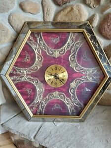 Vintage Wall Clock w/ Red Velvet Backdrop, gold décor, antique mirror edge works