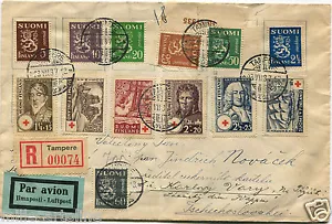 SUOMI FINLAND, REGISTERED AIR MAIL, ANNULS TAMPERE, 13 STAMPS (6 RED CROSS) m - Picture 1 of 1