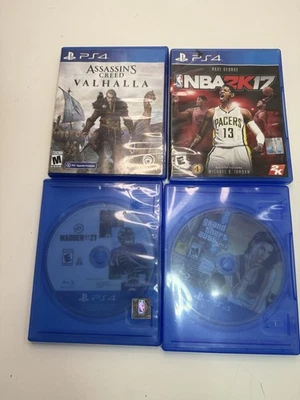 PS4 Game Lot (4 Titles) Assassin’s Creed Valhalla, GTA V, NBA 2K17, Madden 21 - Image 1 of 4