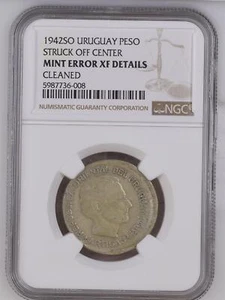 1942 SO URUGUAY Silver PESO NGC XF Details STRUCK OFF CENTER - Picture 1 of 2