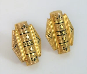 ANTIQUE BEAUTIFUL 12K YELLOW GOLD VICTORIAN ENAMEL TAILLE D'EPARGNE EARRINGS - Picture 1 of 2