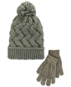 Berkshire Fashions Girls Knit Pom Hat & Glove Set Child Cap Gray Ages 4-8 Winter - Picture 1 of 2