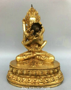 10" Old Tibet Bronze Gilt Buddhism Happy Laugh Mandkesvara Yab-Yum Buddha Statue - Picture 1 of 9