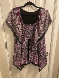 Style Co L Blouse Lined Stretch Flutter Sleeve Top Large Lg Shirt Purple Black - Picture 1 of 7