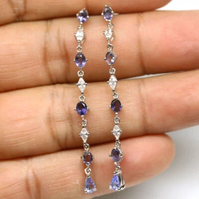 Unheated Blue Iolite, Tanzanite & Cubic Zirconia Earrings 925 Sterling Silver - Image 1 of 4