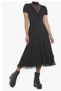 COSMIC AURA BLACK LACE GOTHIC HIGH NECK MIDI DRESS SIZE LARGE - Picture 1 of 15