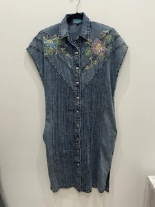 VTG Lankin Jean Dress Sz M Denim Button Up Western Vintage 80s Shoulder Pads - Picture 1 of 10