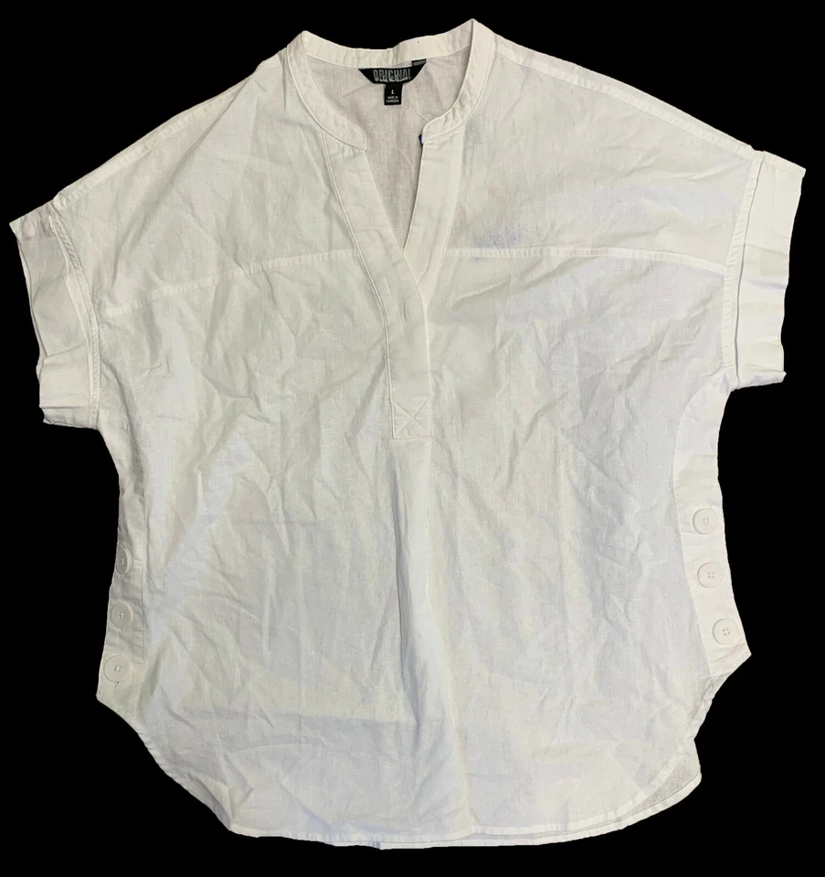 Nicole Miller Original White Tunic Shirt Linen Cotton Short Sleeve Top A10