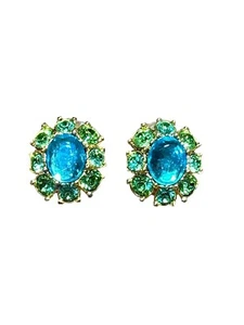 Joan Rivers Signed Pierced Earrings Designer Crystals Gold Plated Blue/Green EUC - Picture 1 of 3