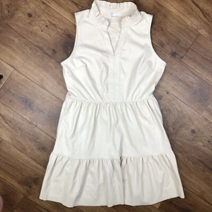 Cato Women Sz L Beige Cream Sleeveless Faux Leather Dress Ruffle Neck - Picture 1 of 10