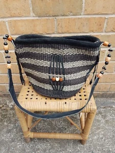Woven African Sisal Bucket Boho Hippie Tote Bag Leather Strap Handbag, Beaded - Picture 1 of 8