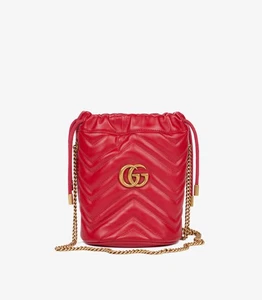 Gucci Red Chevron Quilted Calfskin Leather GG Marmont Mini Bucket Bag - Picture 1 of 11
