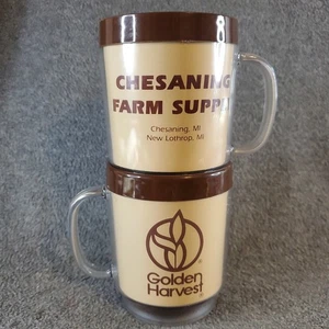 2 Vintage Golden Harvest Chesaning Farm Supply Stackable Plastic Coffee Mugs - Picture 1 of 24