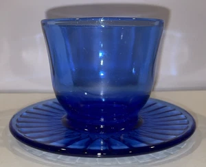 Cobalt Blue Open Sugar Bowl With Attached Plate used - Picture 1 of 10
