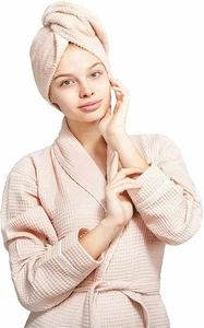 Set of 2 Women's Cotton Robe and Hair Towel Wrap - Belt & Pockets Size L/XL Pink - Picture 1 of 4