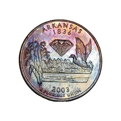 2003-D Arkansas State Quarter Vivid Artificial Rainbow Toned Reverse US Coin - Image 1 of 2