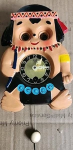 Vintage 1960's Mi-ken Wind-up Moving Eyes Work Pendulum Clock Linden INDIAN BOY - Picture 1 of 14
