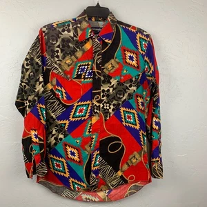 Vintage 80er Wrangler Western Hemd Herren Größe L Ausschnitt 16 Ärmel 34 rot Native Print  - Bild 1 von 7