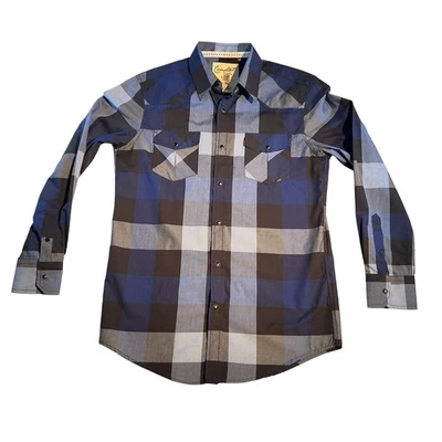 Coastal Metal Pearl Snap Button Shirt Men Medium Blue Check Pockets Surf Western - Image 1 of 4