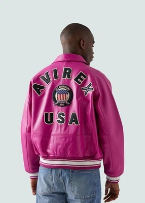 Hombres Avirex Rosa Bombardero Real American Flight Chaqueta Imitación Cuero Chaqueta Hombres Foto 1 de 4