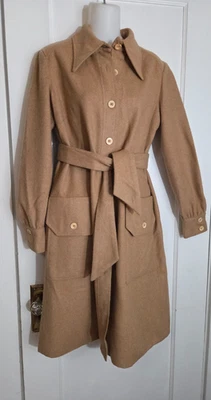 Vestido Abrigo DAVID BARR Vintage Años 60/70 Marrón Camel Lana, Talla 12 Plisado Espalda Foto 1 de 4