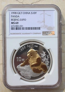 Moneda Panda Plata NGC MS69 China 1998 1oz - '98 Beijing Expo - Imagen 1 de 2