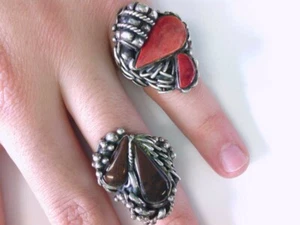 2 - NICE VY Sterling Silver Red Coral & Mahogany Obsidian Rings. BUY NOW! - Picture 1 of 12