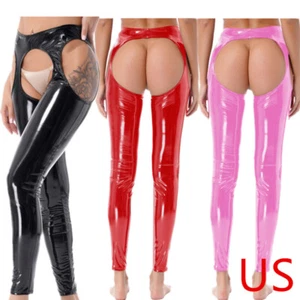 Womens Wetlook Open Crotch Butt Pantyhose Skinny Latex Pants Tights Trousers - Picture 1 of 28