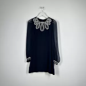 FRENCH CONNECTION Shift Mini Dress Embroidered Navy Silk Sheer Long Sleeve UK 6 - Picture 1 of 10