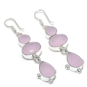 Rose Quartz Gemstone Handmade 925 Sterling Silver Jewelry Earring Size 2.50" - Picture 1 of 1