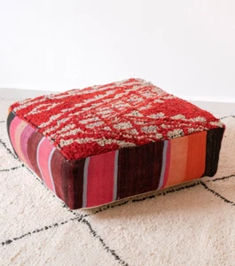 24x24 Moroccan Handmade Pouf Berber Kilim Rug Red Floor Cushion Footstool - Picture 1 of 5
