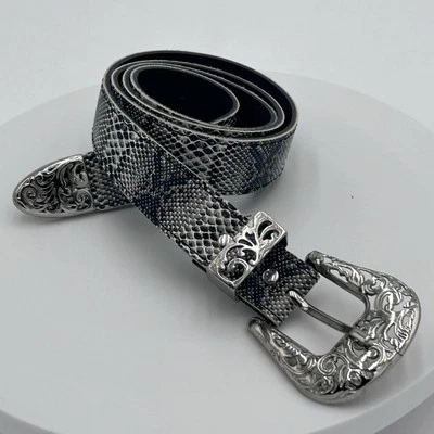 Women’s Gray Black Faux Snakeskin Western Belt Cowgirl Silver Buckle Sz M/L (40) - Image 1 of 4