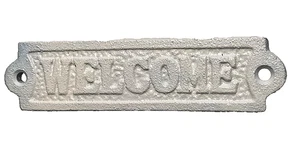 Welcome Sign Cast Iron White Door Entryway Wall Plaque 5" - Picture 1 of 2