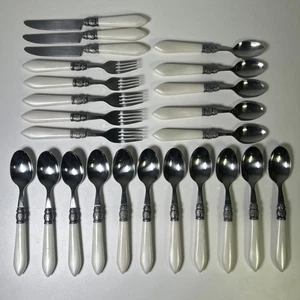 24 Pc Argent Sophia Cream White Handle Embossed Heel Stainless Flatware - Picture 1 of 8