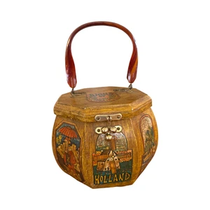 Mid Century Wooden Travel Theme Purse Lucite Bamboo Handle - Picture 1 of 8