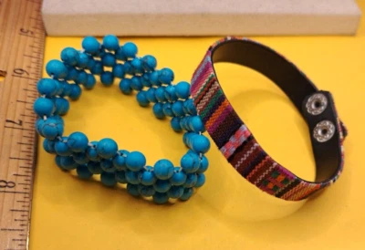 Rainbow Cuff Bracelet Fabric over vinyl w/Turquoise 5mm bead multistrand stretch - Image 1 of 4