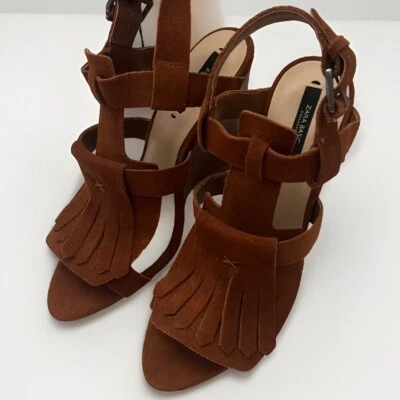 NUEVO ZARA BASIC FALL Talla 7.5 Marrón Cuero Gamuza Flecos Cuña Sandalia Zapato Foto 1 de 4