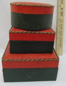 Decorative Boxes Red Leather Look Lid Cord Trim Green Base Functional Lot of 3 - Picture 1 of 5