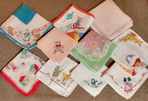 Lot of 10 Vintage Hankies Children Dogs Stylized Santa Farm Mouse Town Susanna + - Picture 1 of 4