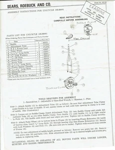 Unicycle Assembly Parts Instruction Sheet circa 1955 Sears Roebuck - Picture 1 of 1