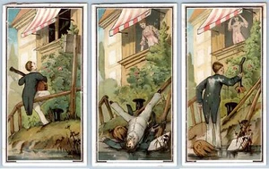SET/3 TARJETAS VICTORIANAS DE GUITARRA BOY SERENADES GIRL FALLS OF FENCE SMASHES - Imagen 1 de 2