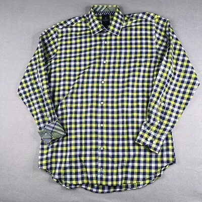 Camisa Tailorbyrd masculina manga longa xadrez azul amarela punho flip botão para cima - Imagem 1 de 4