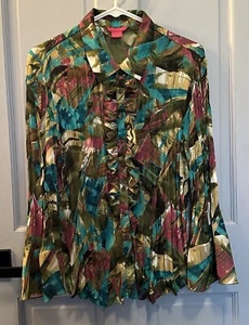 Sunny Leigh Womens Top Size XL Turquoise Floral Ruffled Flared Sleeve Y2K Blouse - Picture 1 of 10