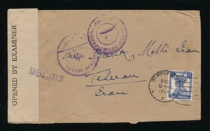 INDIA WW2 to TEHERAN + RUSSIAN CENSOR + NBI PERFIN + EMBOSSED FLAP ENVELOPE - Picture 1 of 3